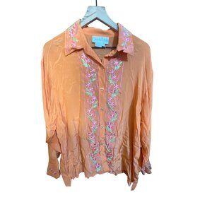 Vintage Diane Von Furstenberg Womens XL Orange Silk Embroidered Button-Up Blouse